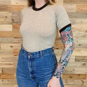 70s Soft Vintage Ringer Tee Shirt in Coffee & Oatmeal Heather - Size XS-XS/Small